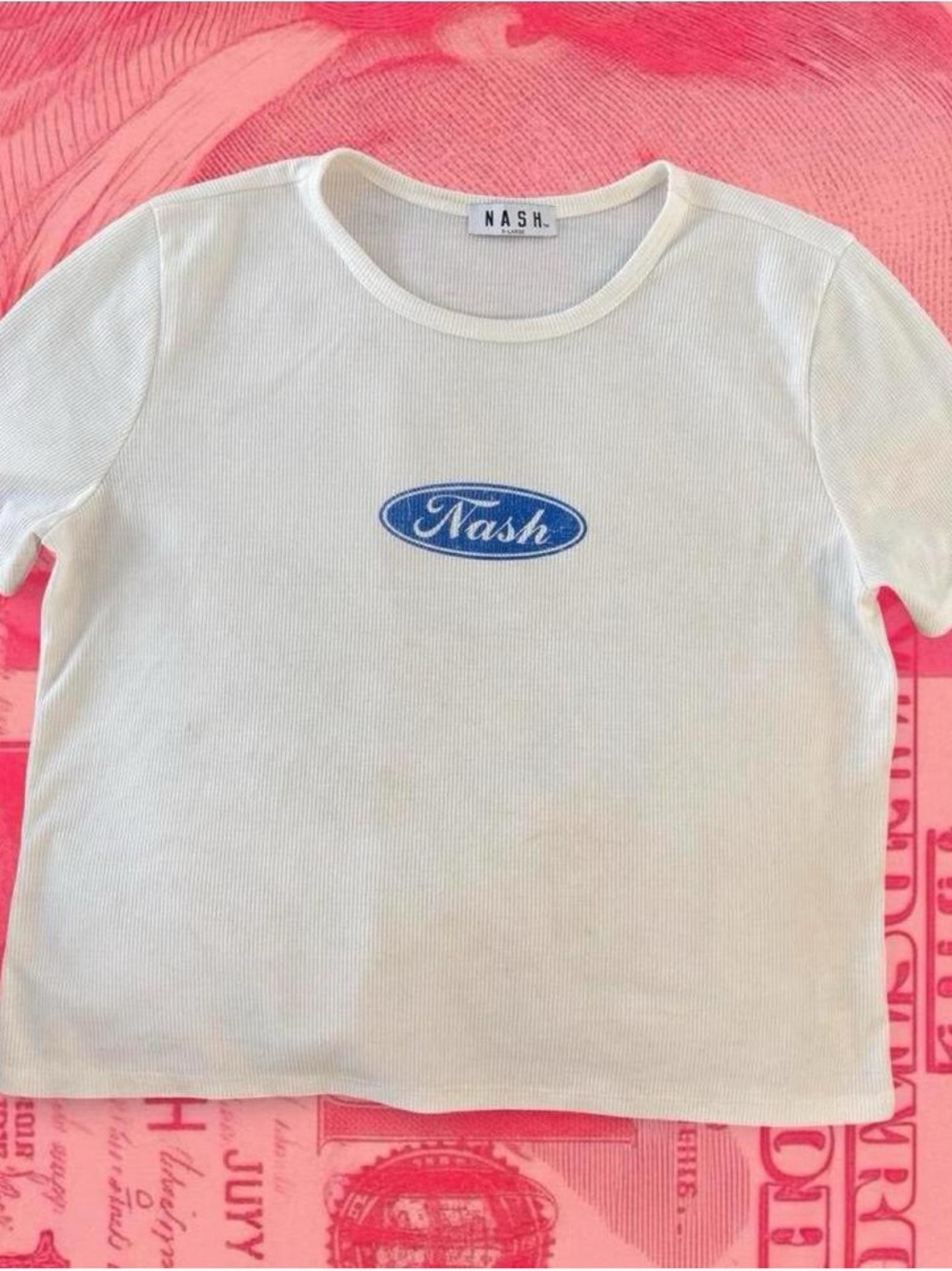 white nash nashville ford logo graphic print ribbed short sleeve cotton t-shirt